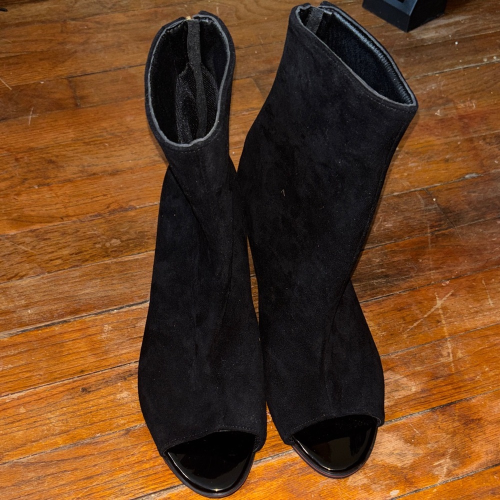Faux Suede Black Peep-Toe Ankle Boots 10